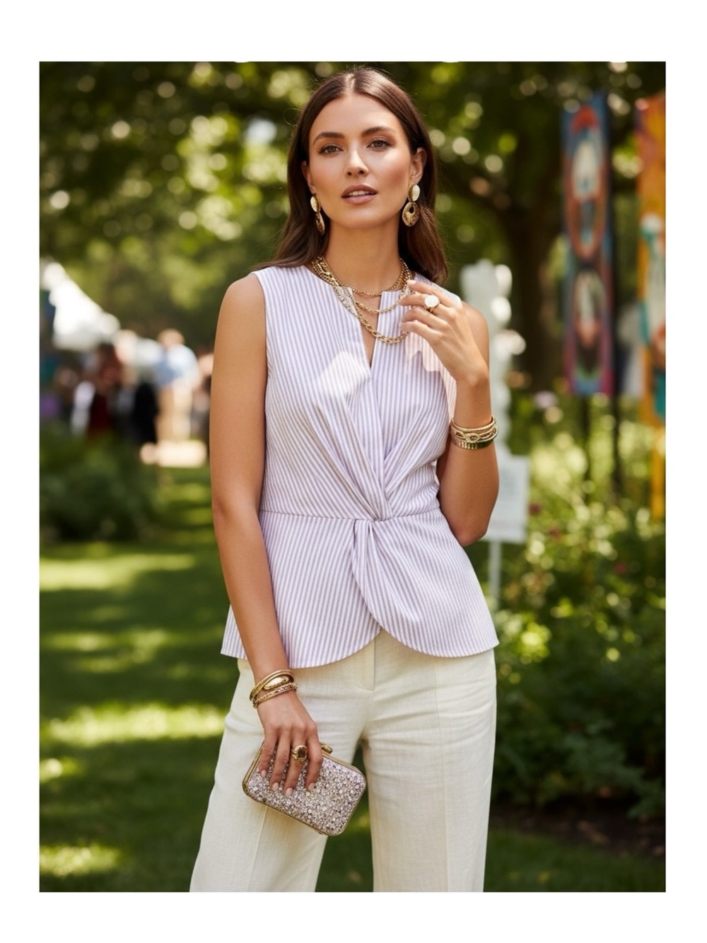 new St John ❉ Pinstripe Twist Front Peplum Top ❉ Orchid Stripe ❉ Chain Detail M